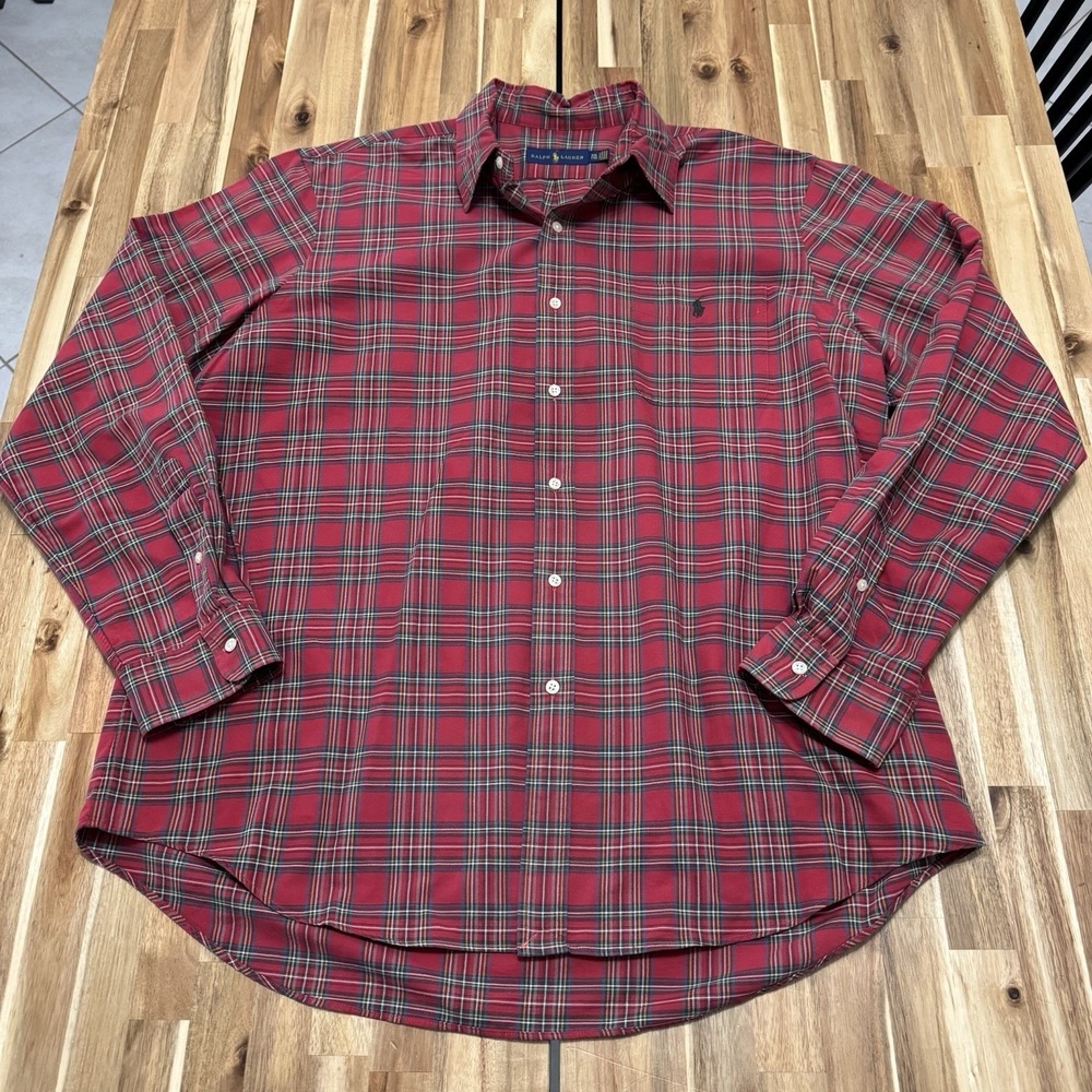 Polo Ralph Lauren Shirt Mens 2XL Red Plaid Long Sleeve Button Up Green Pony